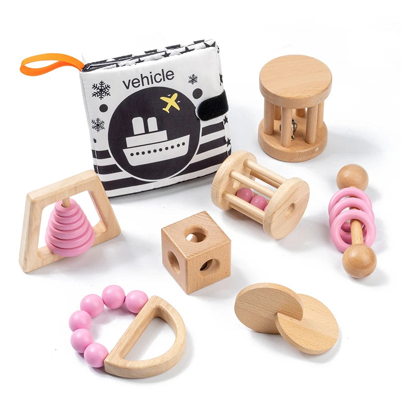 Montessori Wooden Toys Colorful Baby Rattle Set Safe Food Grade Wood Rattle Soother Bracelet Set Toddler Toy Bell Gift Good Vibrations