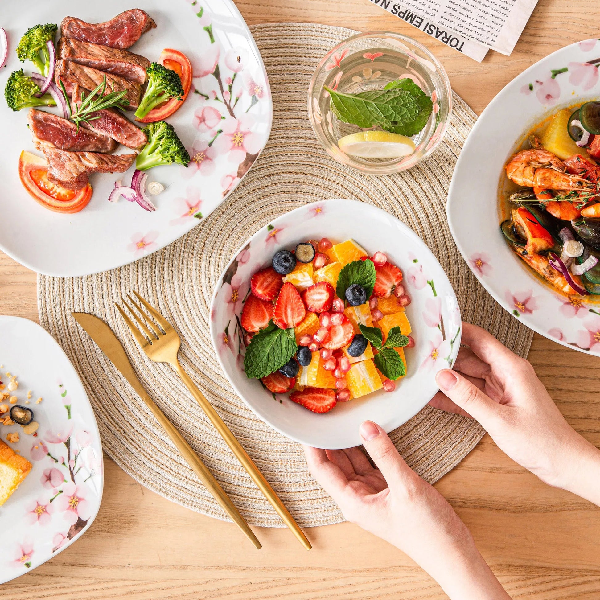 VEWEET ANNIE 48-Piece Porcelain Ceramic Tableware Dinner Plate Set with Bowl,Dessert Plate,Soup Plate,Dinner Plate for 12 Person Good Vibrations