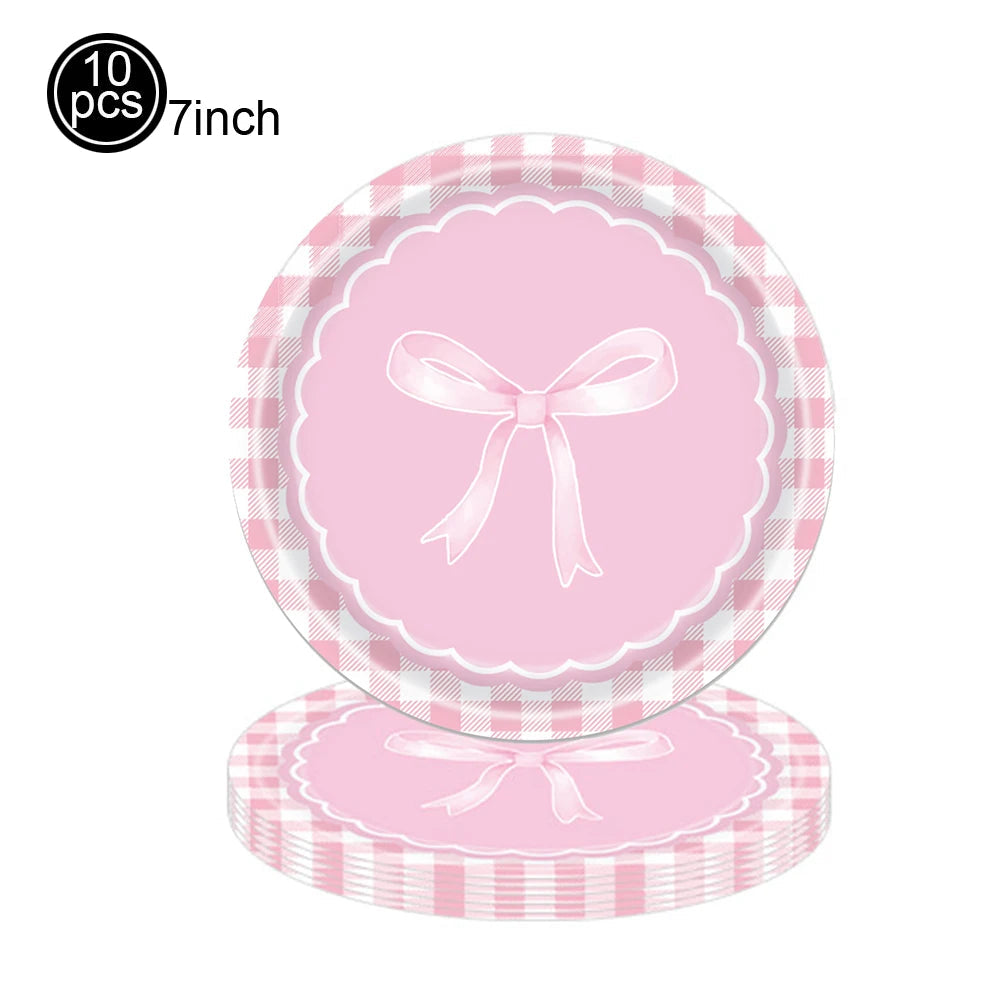 Pink Banner Happy Birthday Bow Balloon Straw Disposable Paper Plate Napkin Cup Tableware Princess Girl Birthday Party Supplies Good Vibrations