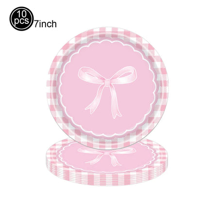 Pink Banner Happy Birthday Bow Balloon Straw Disposable Paper Plate Napkin Cup Tableware Princess Girl Birthday Party Supplies Good Vibrations