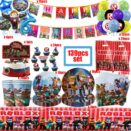 139PCS Roblox Birthday Decoration Party Kit Disposable Tableware Set Roblox Game Tablecloth Balloon Gift Bag Kids Party Supplies Good Vibrations