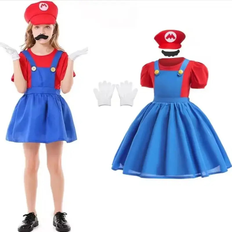 Halloween Costume Sets For Children Cartoon Bros Cosplay Dress+Top+Hat+Fake Beard Birthday Girls Party Dresses Carnival Clothing Good Vibrations