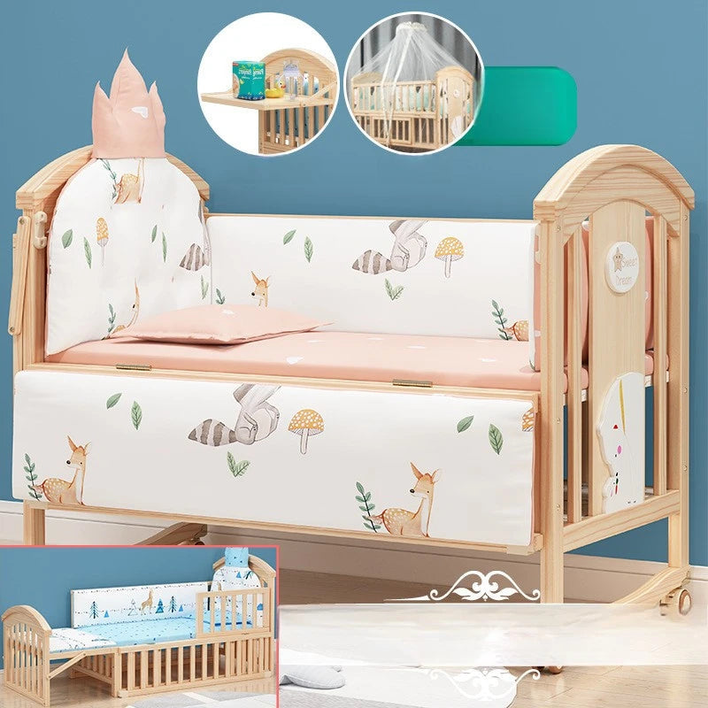 Comfortable Baby Bed,Solid Wood,Movable,with Diaper Changing Table and Mosquito Net,Multifunctional Baby Bed, Adjustable Height Good Vibrations