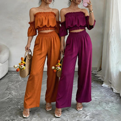 Women's 2 Piece Outfit Off Shoulder Ruffle Crop Top and Wide Leg Pants Set Casual Summer Vacation Party Loungewear Tracksuit Good Vibrations