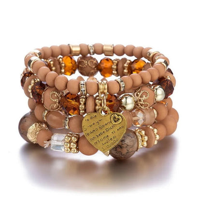 4pcs/set Boho Strand Bracelets For Women Crystal Beads Bracelets Heart Letter Elastic Bangles Wristband Yoga Jewelry Gifts Good Vibrations