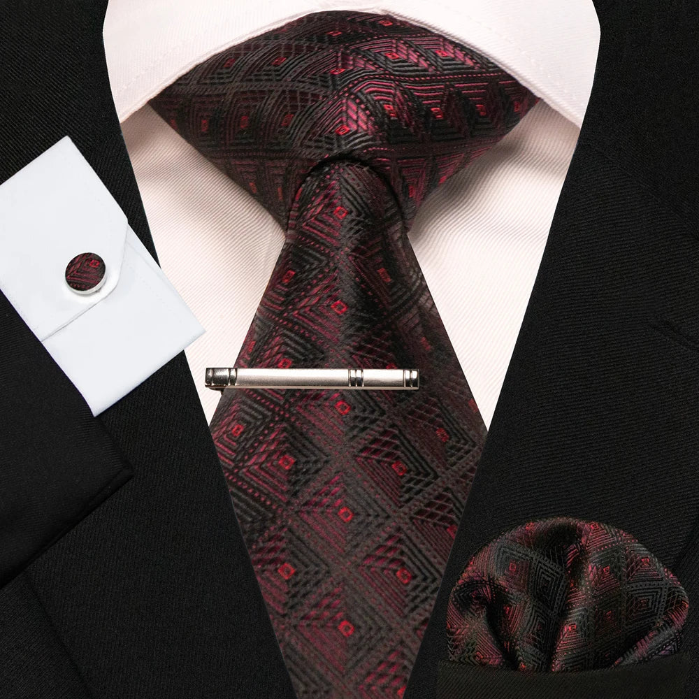 8cm Silk Mens Ties Green Black Ties plaid stripe NeckTie Pocket Square Cufflinks Tie clips Set Men's Wedding business Party Tie Good Vibrations