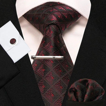8cm Silk Mens Ties Green Black Ties plaid stripe NeckTie Pocket Square Cufflinks Tie clips Set Men's Wedding business Party Tie Good Vibrations