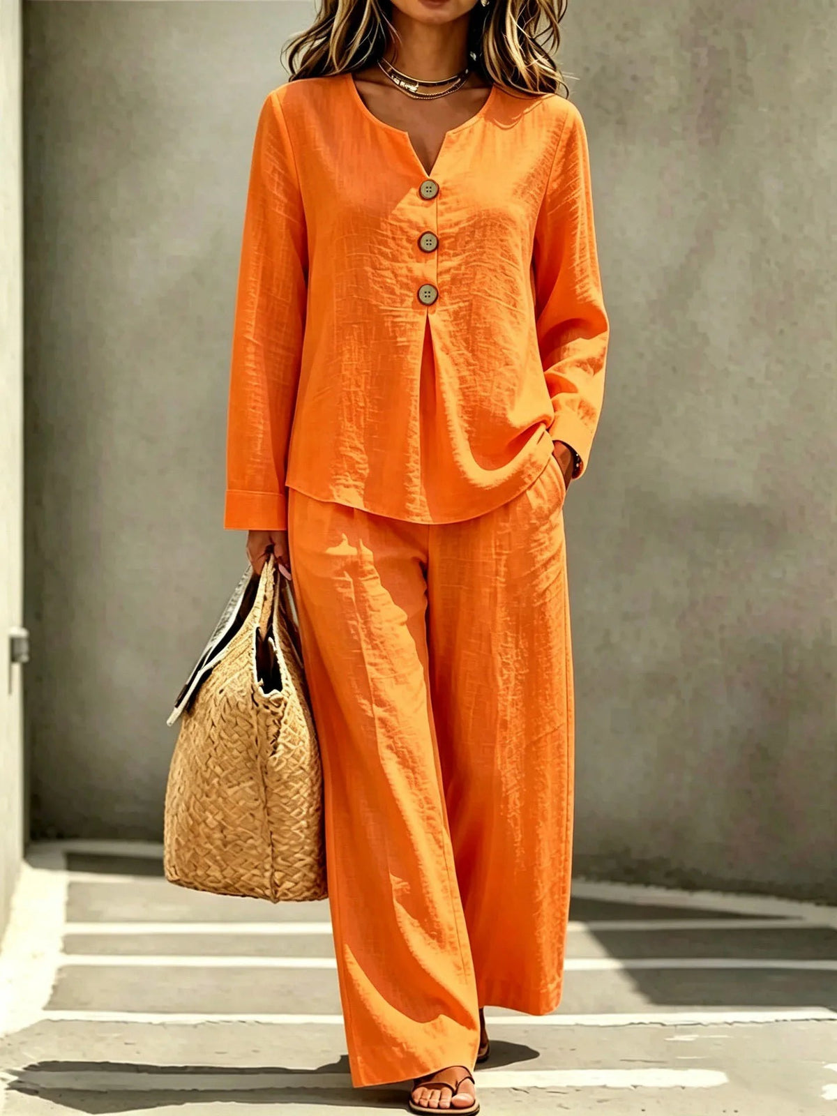 Women 2‑Piece Outfit Set Long Sleeve V‑Neck Top Wide Leg Pants Loose Casual Daily Suit Good Vibrations