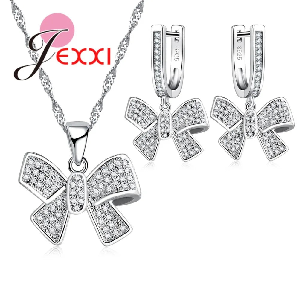 Classic Women Tow Tie Jewelry Sets Full Rhinestone Zircon Statement Necklace Earrings 925 Sterling Silver Set Accessory Good Vibrations Adult Super Store
