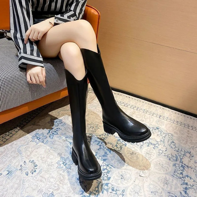 Boots Women's Autumn and Winter New Flat Bottom Black Long BootsVVersatile Slimming Long Boots Height Increasing Elastic High Good Vibrations