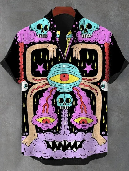 Men's Cat Graphics Shirts Short Sleeved Button Down Lapel Shirt For Summer Oversized Tops Vacation Casual Hawaiian Shirts Good Vibrations