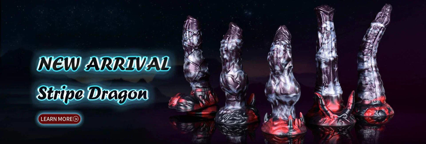 New arrival Stripe Dragon dildos in various sizes and textures under starry night sky.