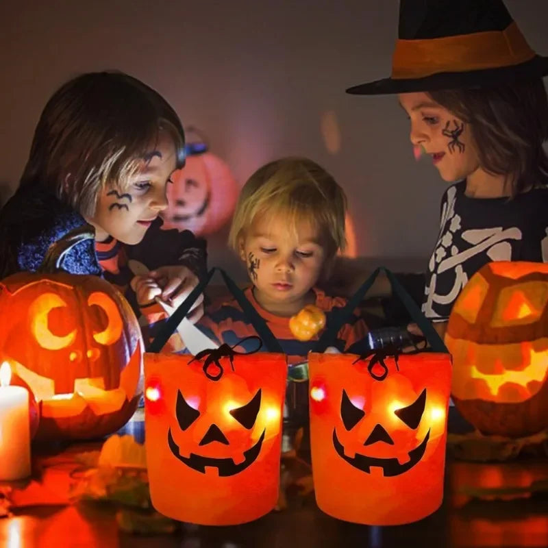 1-20PC LEDLight Up Halloween Pumpkin Candy Tote Bag Basket for Kids Trick or Treat Party Bucket for Holiday Event Decoration Use Good Vibrations