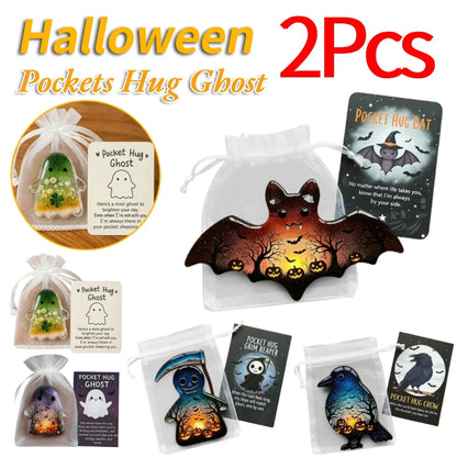 2Pcs Pockets Hug Ghost Halloween Acrylic Mini Ghosts Statue Inspirational Pocket Hug Ornaments With Positive Card For Party Gift Good Vibrations