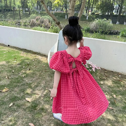 Bear Leader Rose Pink Plaid Bow Dress Elegant Lolita Child Big Girls Midi Dress Children Dresses Teens Party Princess Sundress Good Vibrations