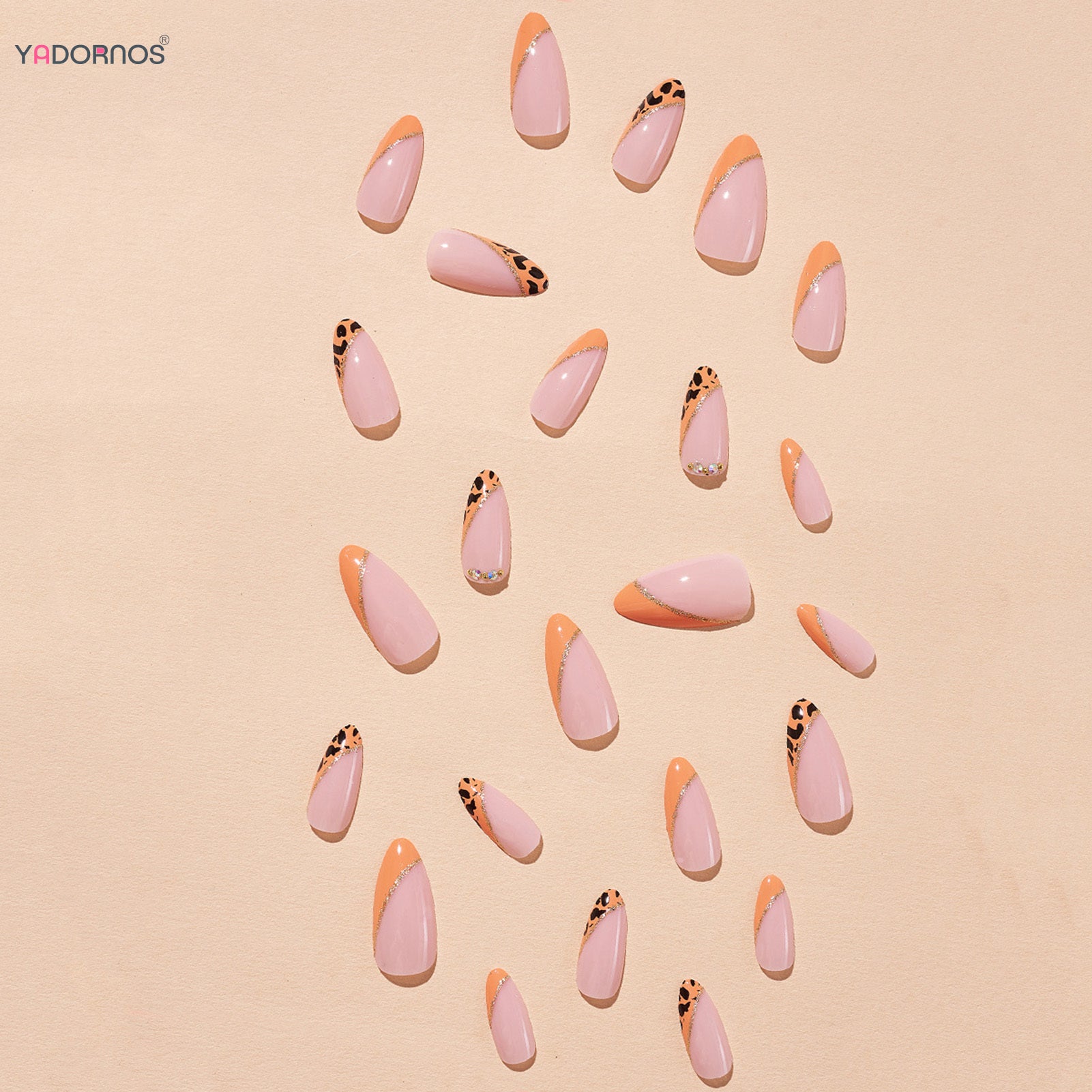 24Pcs Almond Fake Nails Orange Leopard Printed Press on Nails Full Cover Acrylic False Nails Patch for Women DIY Manicure Art Good Vibrations