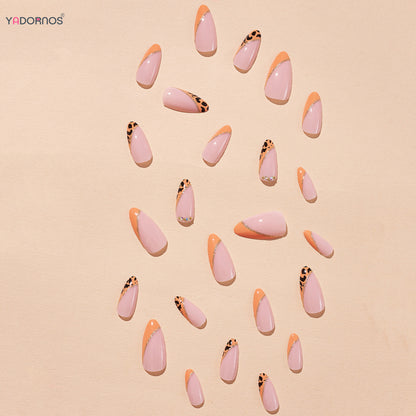 24Pcs Almond Fake Nails Orange Leopard Printed Press on Nails Full Cover Acrylic False Nails Patch for Women DIY Manicure Art Good Vibrations