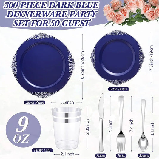 300 Pcs Navy Blue Plastic Plates Heavy Duty Blue And Silver Disposable Dinnerware, Lude 50 10. 2"" Dinner Plates, 50 7. Good Vibrations