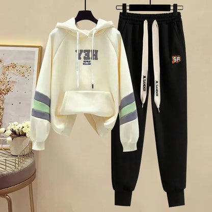 Sports Set for Women in Spring and Autumn New Korean Version Color Blocking Hooded Top Casual Pants Age Reducing Two-piece Set Good Vibrations