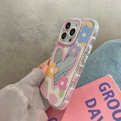 Cute Cartoon Flower Mirror Case for iPhone 15 14 13 Pro Max 12 11 15Pro Love Heart Colorful Make Up Ins Korean Shockproof Cover Good Vibrations