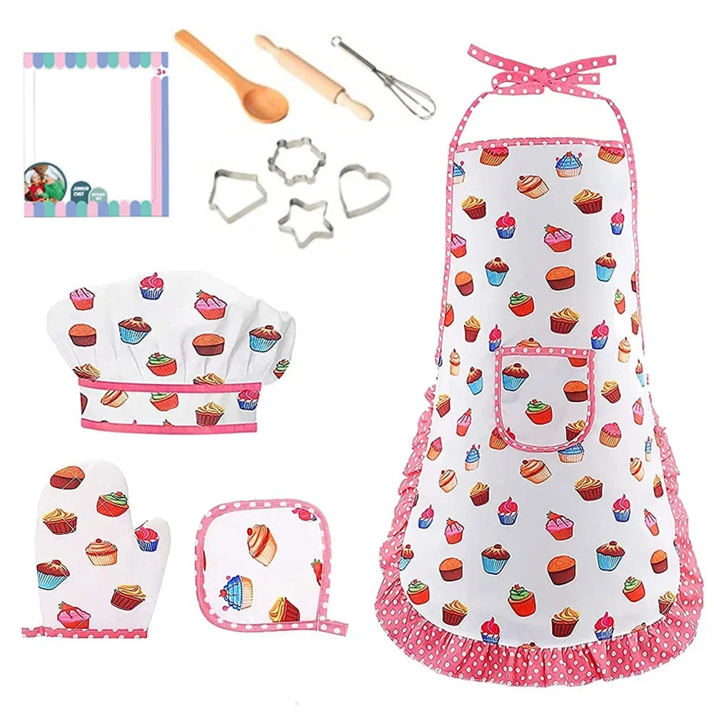 Apron for Little Girls 4/11Pcs Kids Kitchen Cooking Baking Pretend Play Set Simulation Pink Chef Baking Tool Play House Toys Good Vibrations