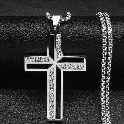 Catholic Jesus Cross Stainless Steel Necklace Saint Benedict Crystal Virgin Mary Pendant Crucifix Male Necklaces Jewelry cruz Good Vibrations