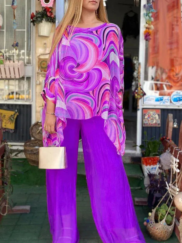 Women Fashion Trousers Two Piece Set For Women 2024 Summer Loose Casual Print Blouse Elegant 2 Piece Sets Woman Tops+Pants Suit Good Vibrations