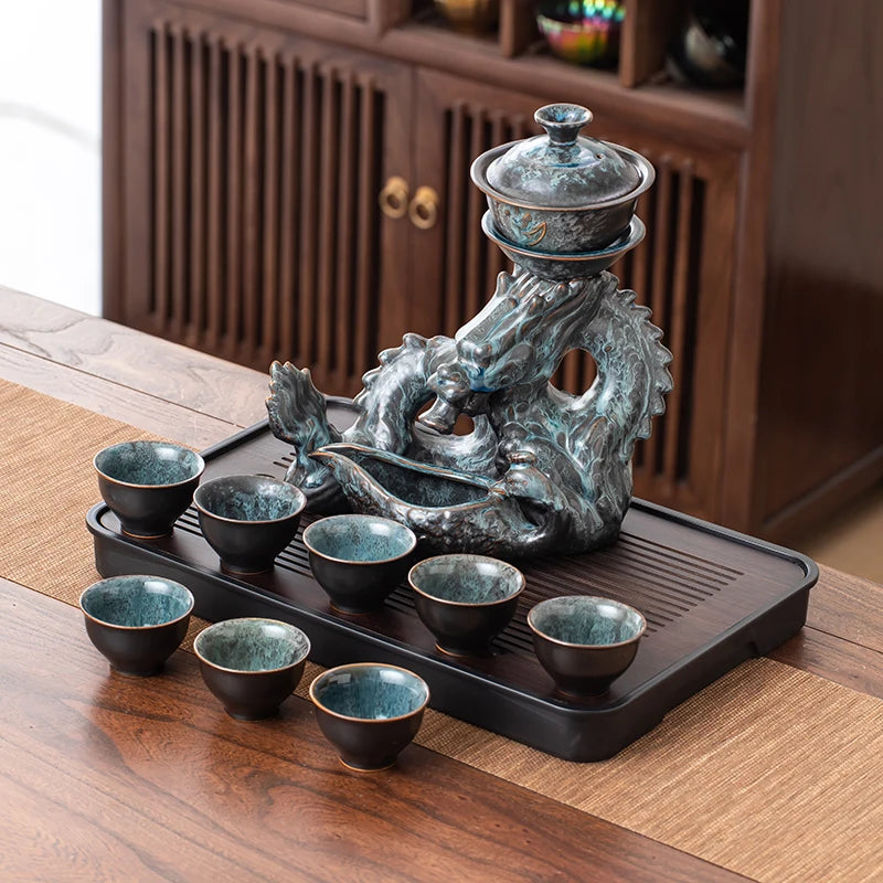 1 Set of Rotating Teapot, Ceramic Kiln Turns into Phoenix and Auspicious Teapot Set, Semi-Automatic Tea Set, Lazy Kung Fu Tea Set, All in One Coffee Drink Set, Novelty Tea Gift Good Vibrations