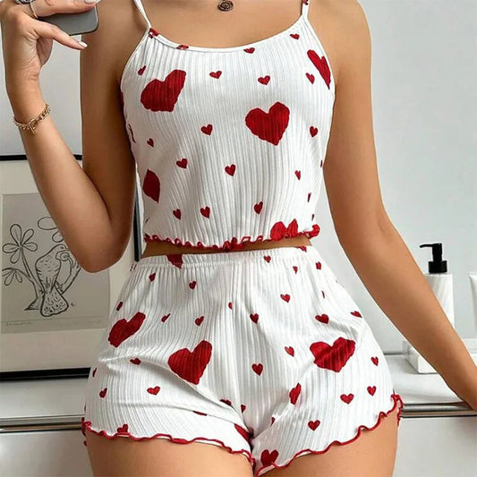 Women's Pajamas Set Sleepwear 2 PCS Short Tank Tops And Shorts S M L White Ventilate Soft Casual Love Printing Good Vibrations