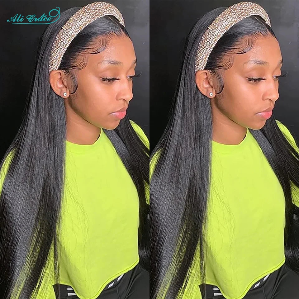 Ali Grace Glueless Wigs Straight Human Hair Wigs for Women Headband Hair Wigs With Adjustable Bangs Brazilian Straight Hair Wigs Good Vibrations