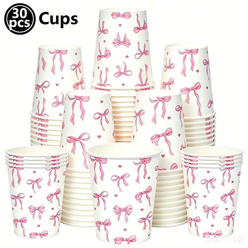 Pink Banner Happy Birthday Bow Balloon Straw Disposable Paper Plate Napkin Cup Tableware Princess Girl Birthday Party Supplies Good Vibrations