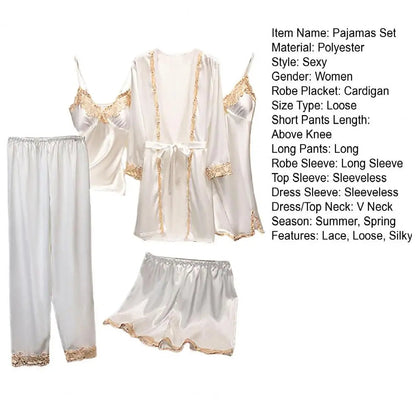 5 Pcs/Set Women Pajamas Set Nightgown Nightdress Top Shorts Pants Set Silky Satin Lace Lace-up Waist Thin Homewear Sleepwear Set Good Vibrations