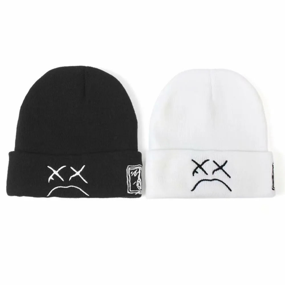 Hat Hip-hop Style Beanie Knitted Embroidered Knitted Hat With Sad Expression Warm Woolen Hat for Men and Women Fashion Cap Good Vibrations