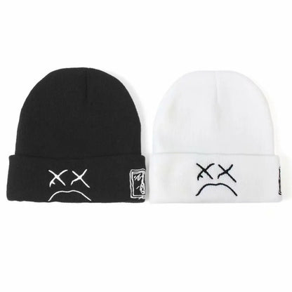 Hat Hip-hop Style Beanie Knitted Embroidered Knitted Hat With Sad Expression Warm Woolen Hat for Men and Women Fashion Cap Good Vibrations