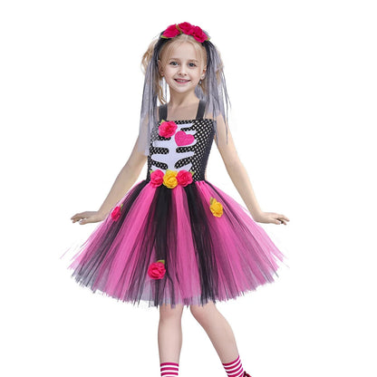Halloween Kids Dress Cosplay Heart Print Skeleton Costumes Girls Floral Skull Tutu Clothes Children Carnival Performance Outfits Good Vibrations