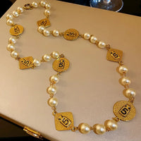 Vintage Chain Pearl Necklace earring for Women  Sweater Jewelry set Good Vibrations