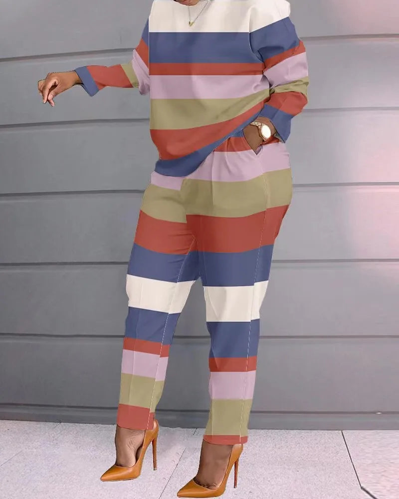 2 Piece Sets Woman Outfit,Women's Print Two Piece Set, O-neck Casual Long Sleeve T-shirt, Top And Pants, 2-piece, Spring, 2024, Good Vibrations