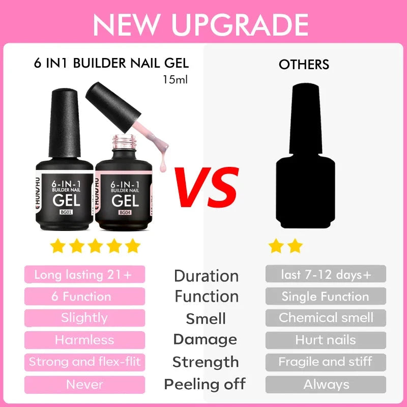 CHUNSHU 6 IN 1 Extension UV Gel Polish In A bottle Builder Nail Gel Rubber Base Coat Semi Permanent Nails Art Self-leveling 15ML Good Vibrations