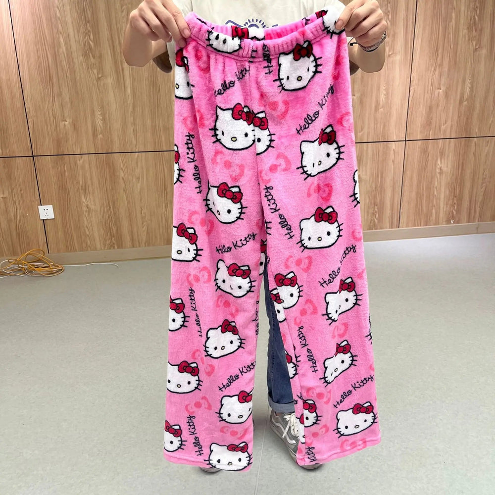 2024 Sanrio Hello Kitty Pajamas Halloween Flannel Fashion Trouserswomen Kawaii Woolen Anime Cartoon Casual Home Pants Autumn Good Vibrations