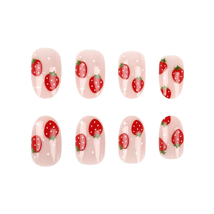 24pcs Short Glossy Oval Fake Nails Cute Sweet Strawberry Fake Nail Patch Wearable Full Cover for Girl Press on Nail Tips Good Vibrations