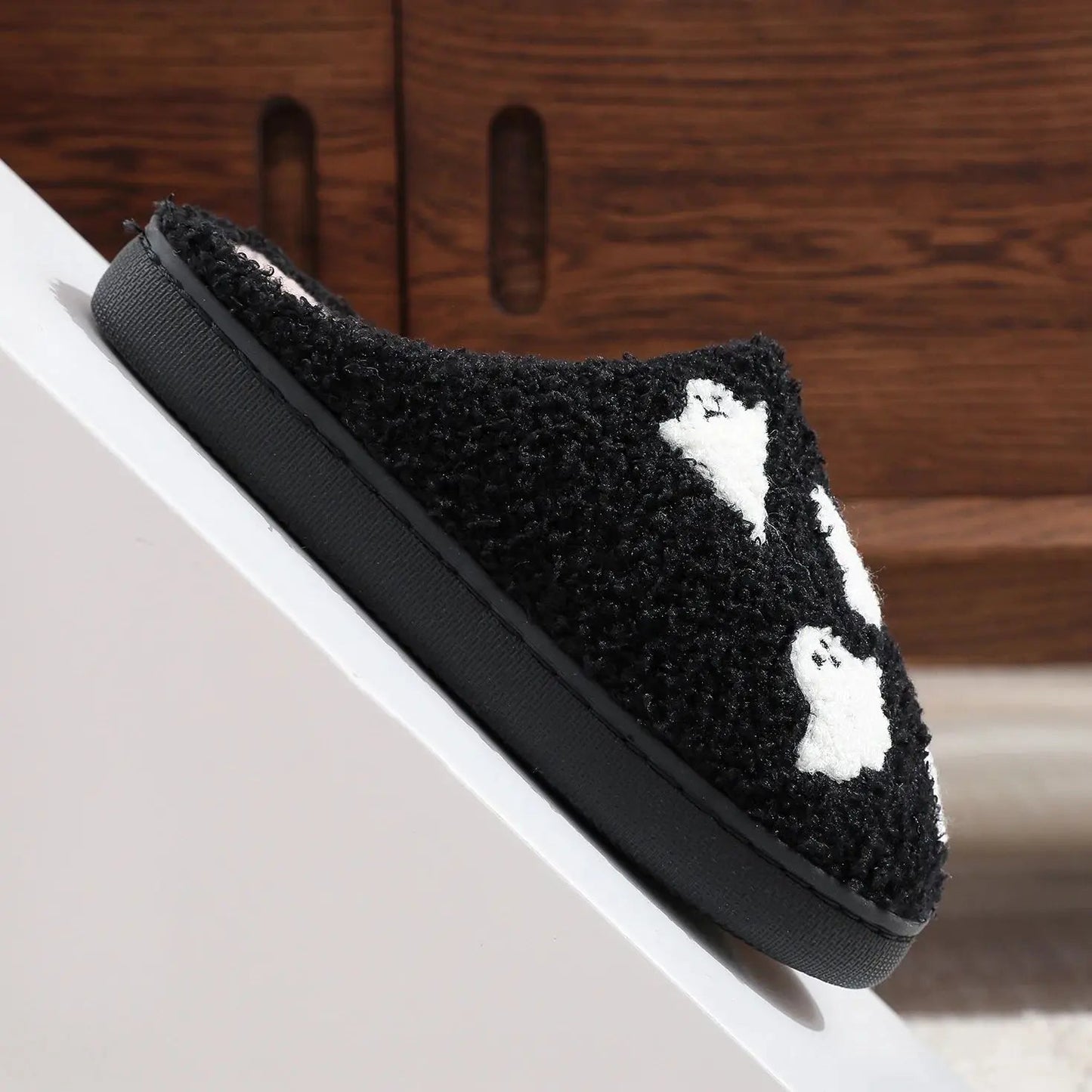 Halloween Ghost Pattern Black Cotton Slippers Non-slip Thick Sole Lightweight stuffed Slippers Holiday Gift Good Vibrations