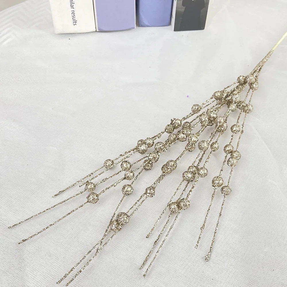 Christmas Tree Decoration, Fake Glitter Berry Leave, Dried Branch, Golden Powder, Flower Material, New Year Party, 1Pc, 12 Forks Good Vibrations