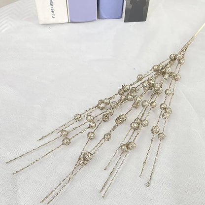 Christmas Tree Decoration, Fake Glitter Berry Leave, Dried Branch, Golden Powder, Flower Material, New Year Party, 1Pc, 12 Forks Good Vibrations