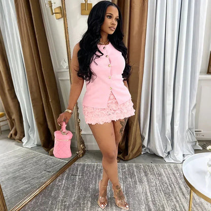 Elegant Club Outfits for Women Two Piece Set Spring Summer Sleeveless Single-breasted Top and Floral Mini Skirt Matching Sets Good Vibrations