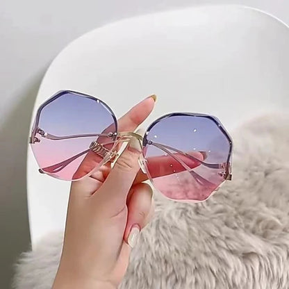 Rimless Sunglasses Polygon Fashion Popular Women Men Shades Big Frame Round Sun Glasses for Female Oculos Gradient Sunglasses Good Vibrations
