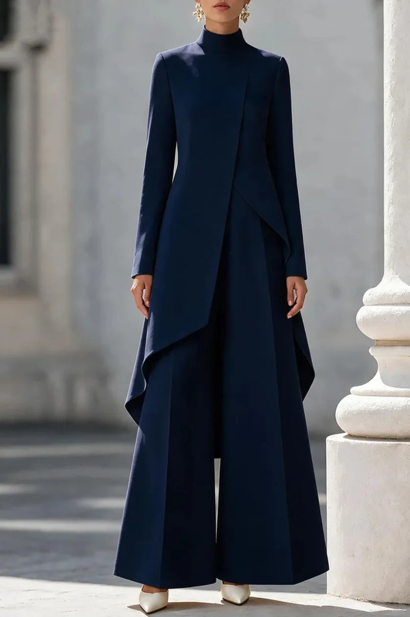 Woman's Autumn Stand Collar Top With Wide Leg Pants Two-piece Set Fashion Solid Irregular Long Top Suit Lady Chic Office Outfit Good Vibrations