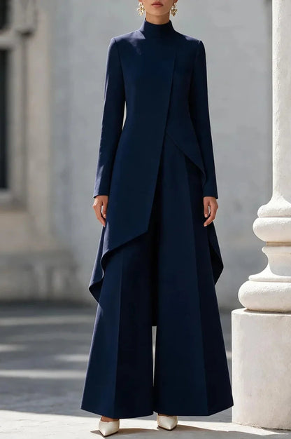 Woman's Autumn Stand Collar Top With Wide Leg Pants Two-piece Set Fashion Solid Irregular Long Top Suit Lady Chic Office Outfit Good Vibrations