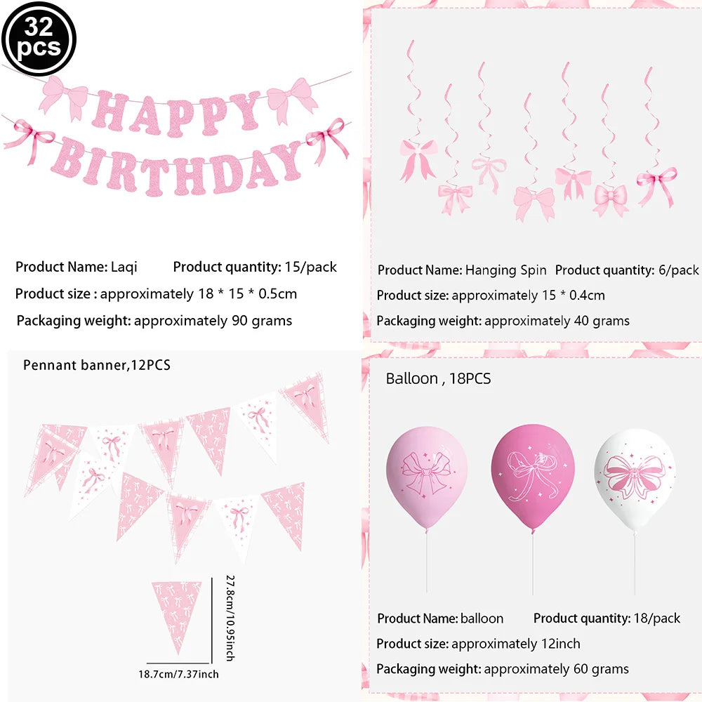 Pink Banner Happy Birthday Bow Balloon Straw Disposable Paper Plate Napkin Cup Tableware Princess Girl Birthday Party Supplies Good Vibrations
