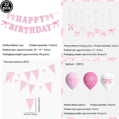 Pink Banner Happy Birthday Bow Balloon Straw Disposable Paper Plate Napkin Cup Tableware Princess Girl Birthday Party Supplies Good Vibrations