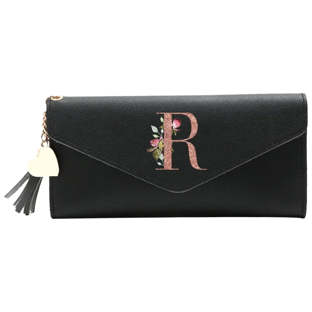 Wallet Black Small Leather Coin Purse Rfid Blocking Wallet Rose Gold Pattern Mini Purse with ID Window for Women Good Vibrations